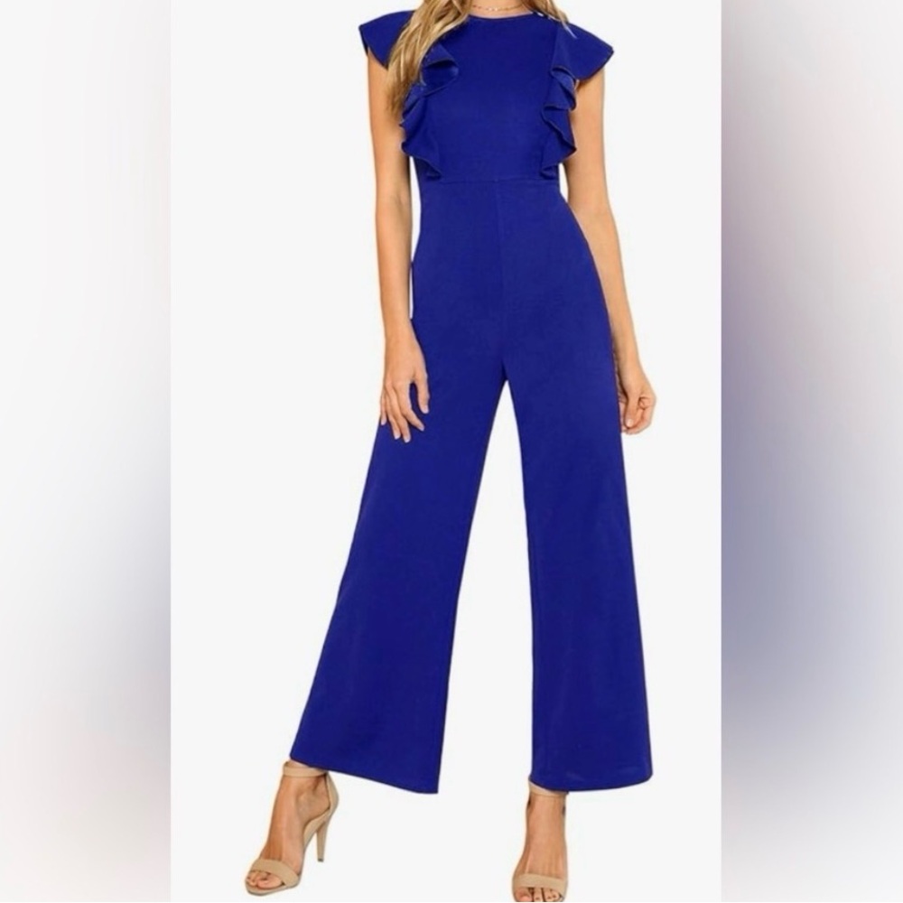 Chic Royal Blue Jumpsuit with Ruffle Sleeves